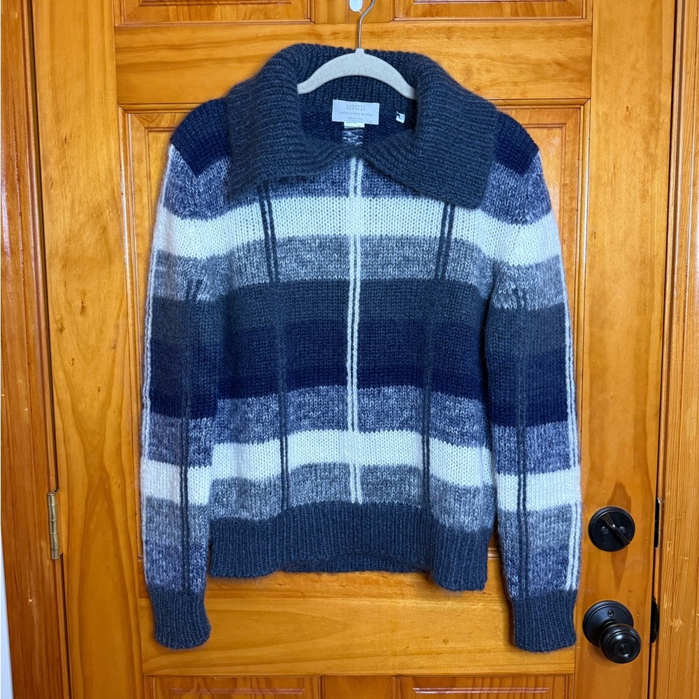 Barneys New York Mohair Wool Blend Blue Striped Knit Collar Sweater Size Large